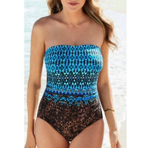 NWT Miraclesuit Avanti Bandeau with Straps in Untamed One Piece Swimsuit Size 8